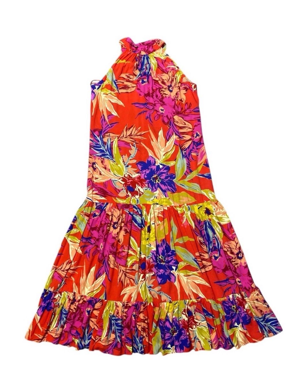 MSK Floral Printed Tiered Halter Neck Maxi Dress Orange Pink Sleeveless Sz Large - Picture 11 of 15